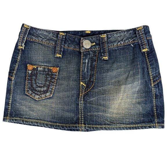 True Religion Dresses & Skirts - True Religion Womens Distressed Denim Mini Skirt Size 26 Y2K Rare Sample NWOT